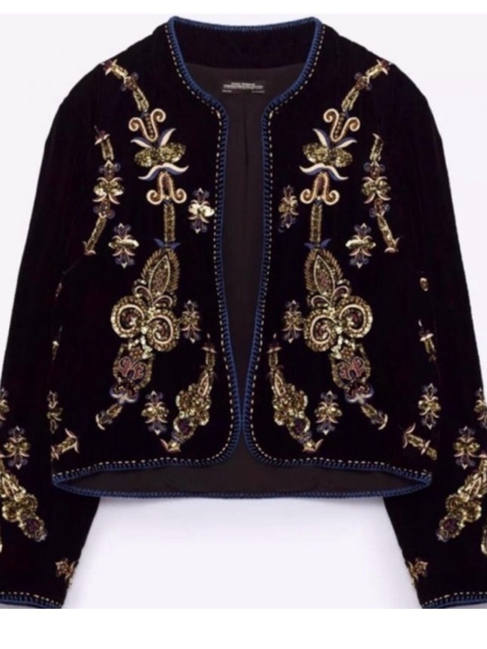 Zara Black Velvet Embroidered Open-Front Jacket size M